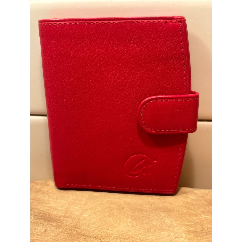 Red Leather Bifold Wallet with ID Window and Coin Pocket Snap Closure